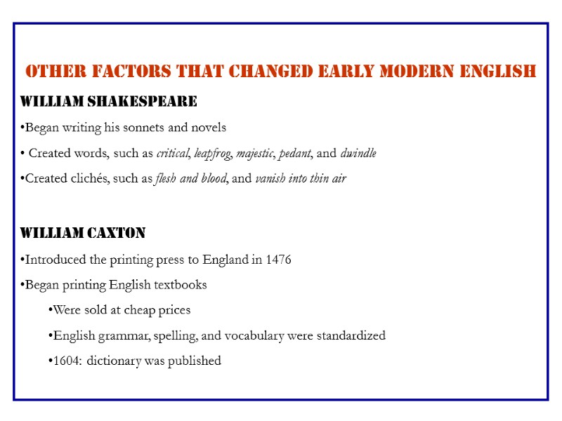 OTHER FACTORS THAT CHANGED EARLY MODERN ENGLISH William Shakespeare Began writing his sonnets and